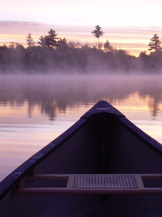 Canoe on a misty lake